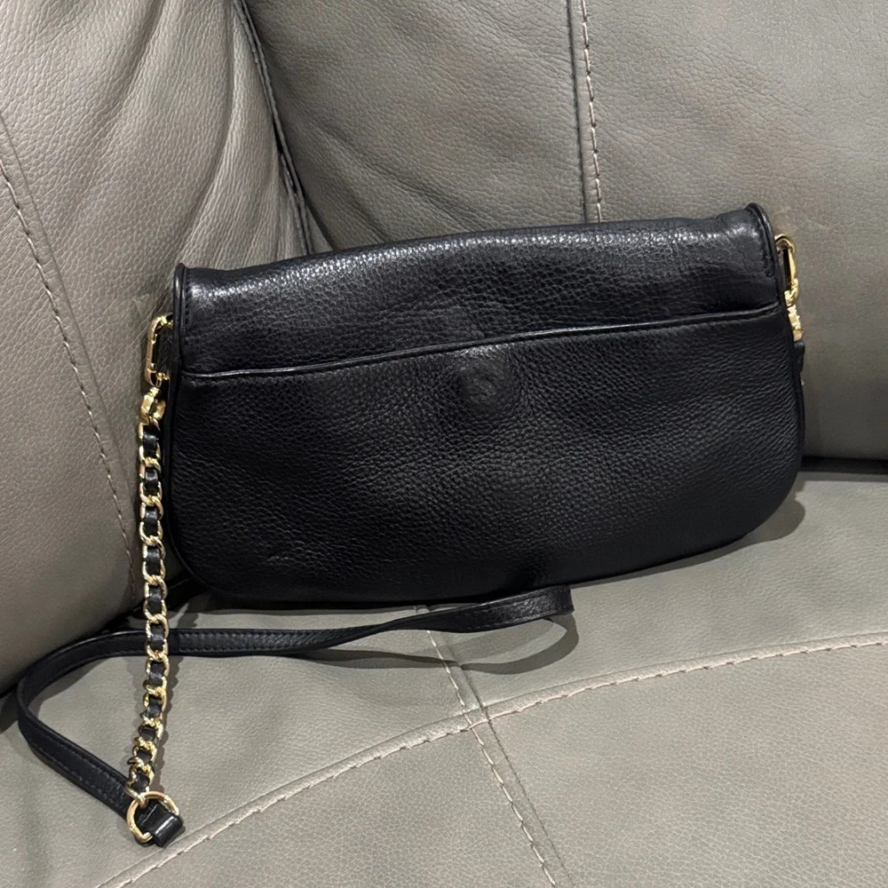 Tory Burch Black Leather Crossbody with Gold Logo & Chain